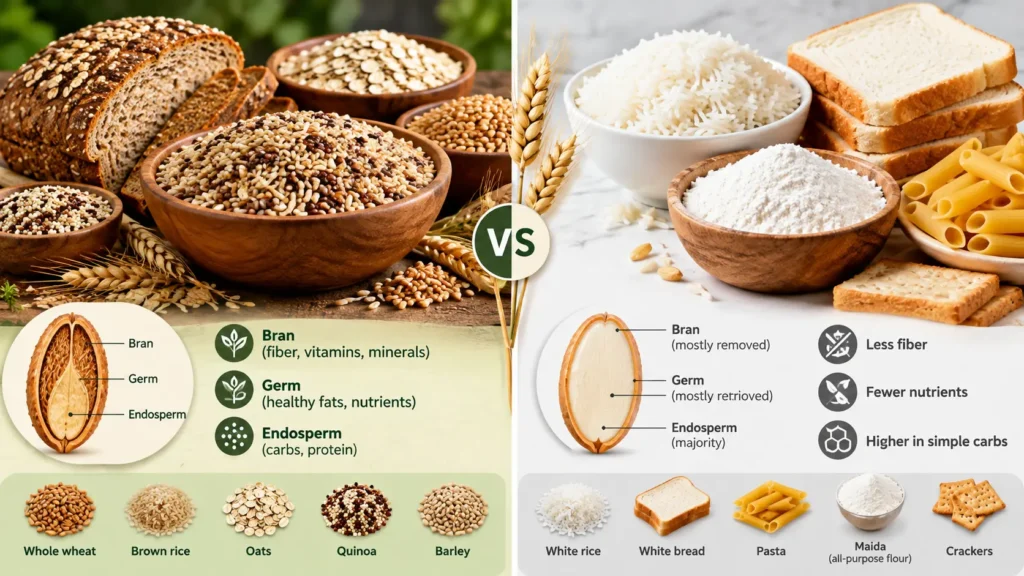 Comparison of whole grain vs refined grain showing brown rice and white rice