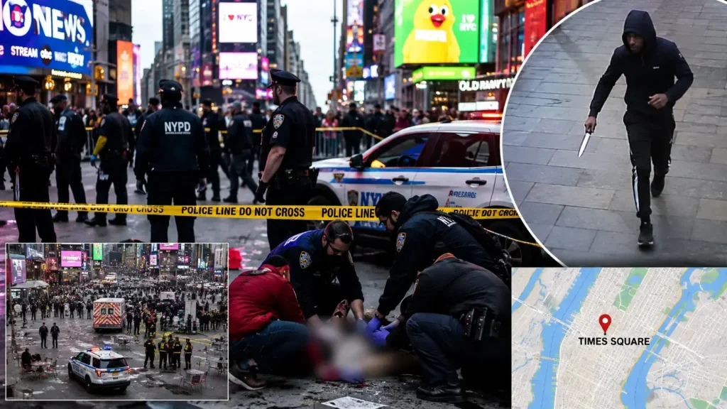 Times Square stabbing incident scene near West 41st Street and Seventh Avenue