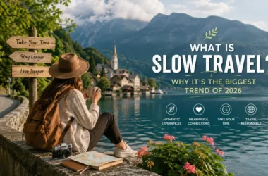 A composite travel banner featuring scenic outdoor views, mountains, and local sights with bold headline text that reads: "What Is Slow Travel? Why It's the Biggest Trend of 2026."