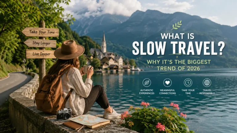 A composite travel banner featuring scenic outdoor views, mountains, and local sights with bold headline text that reads: "What Is Slow Travel? Why It's the Biggest Trend of 2026."