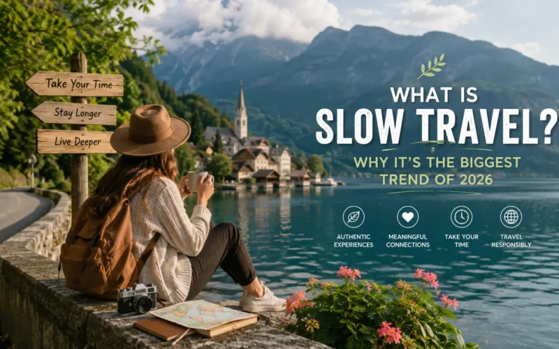 A composite travel banner featuring scenic outdoor views, mountains, and local sights with bold headline text that reads: "What Is Slow Travel? Why It's the Biggest Trend of 2026."