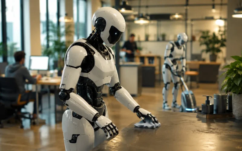 Humanoid robots carrying storage bins in a modern warehouse