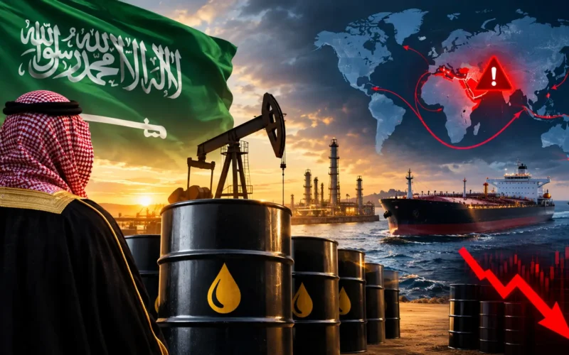 Saudi Arabia Oil Crisis 2026 oil rig and global market map