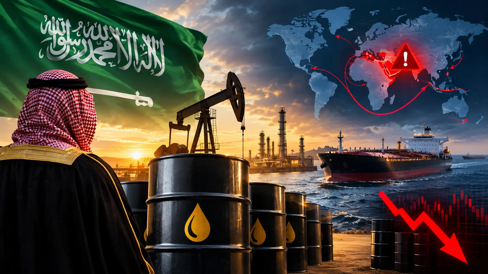 Saudi Arabia Oil Crisis 2026 oil rig and global market map