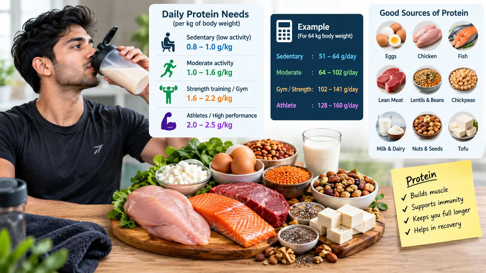 Person calculating how much protein do you need every day with healthy high protein food sources