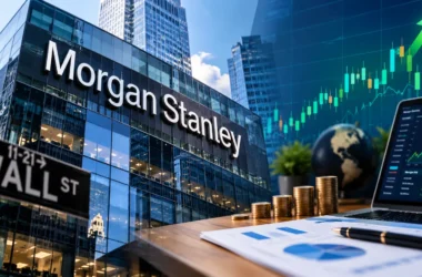 "Morgan Stanley logo with stock market data graph on a financial news website"