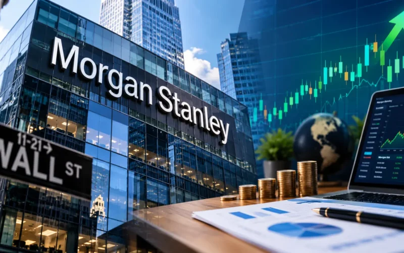 "Morgan Stanley logo with stock market data graph on a financial news website"