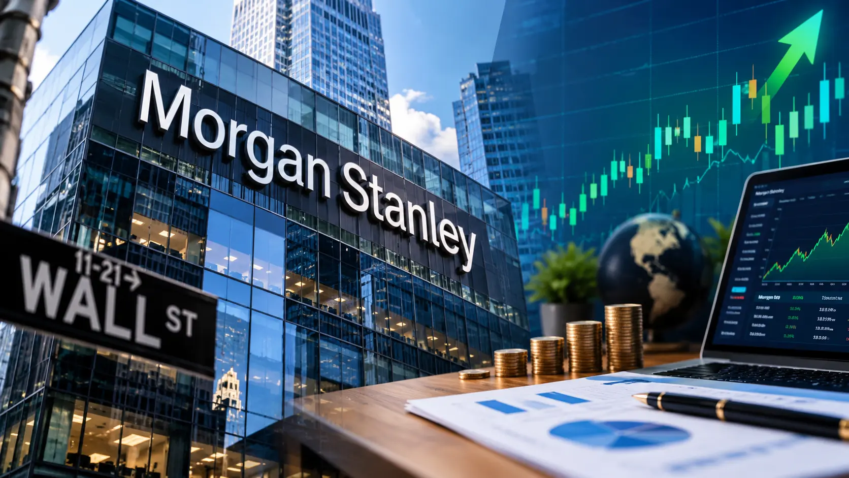 "Morgan Stanley logo with stock market data graph on a financial news website"