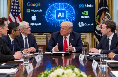 A high-level White House AI meeting with President Trump and major tech CEOs discussing AI regulation and safety.