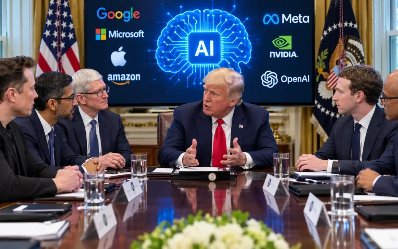 A high-level White House AI meeting with President Trump and major tech CEOs discussing AI regulation and safety.