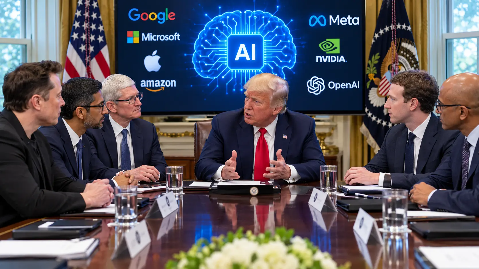 A high-level White House AI meeting with President Trump and major tech CEOs discussing AI regulation and safety.