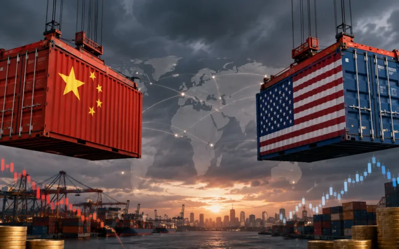 China-US Tensions 2026 trade flags illustration