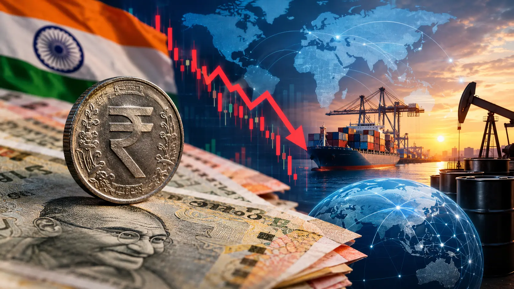Illustration showing why is the Indian rupee falling against the US dollar