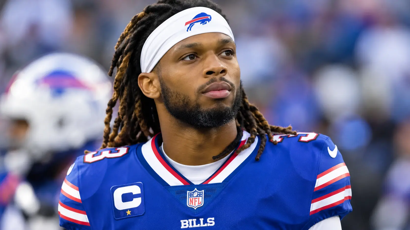 Damar Hamlin Health Update portrait of the Buffalo Bills safety on the sideline