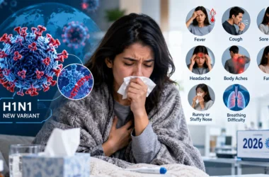 Infographic illustrating the symptoms and G155E mutation details of the new H1N1 flu variant
