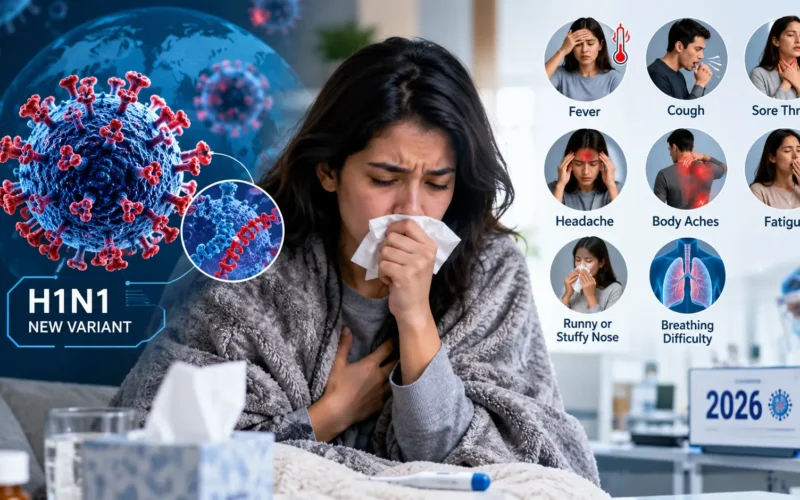 Infographic illustrating the symptoms and G155E mutation details of the new H1N1 flu variant