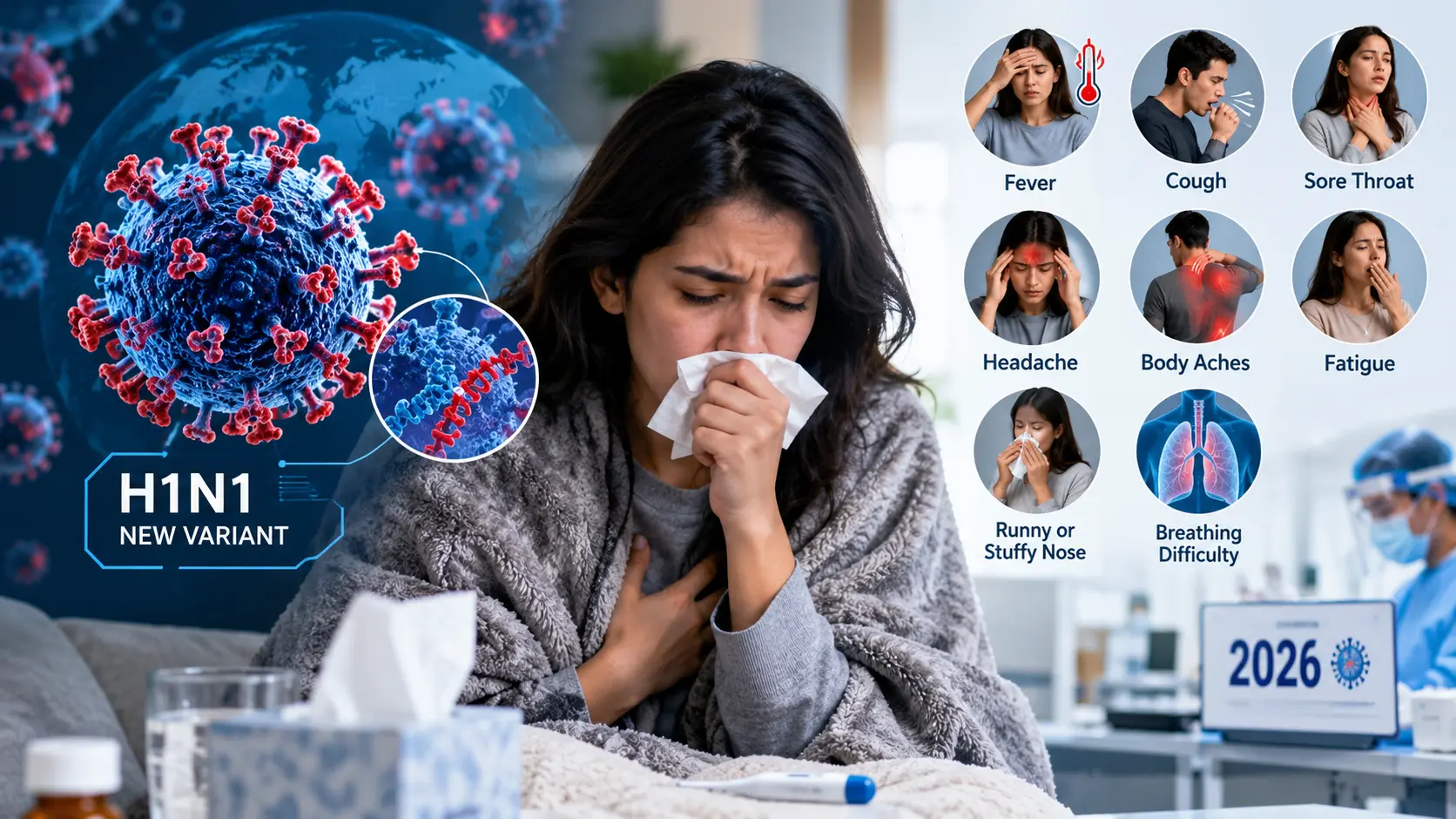Infographic illustrating the symptoms and G155E mutation details of the new H1N1 flu variant