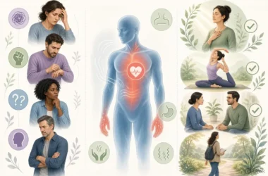 Illustration showing common anxiety symptoms in adults affecting mind and body