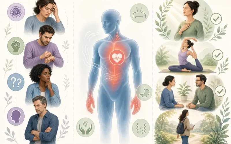 Illustration showing common anxiety symptoms in adults affecting mind and body