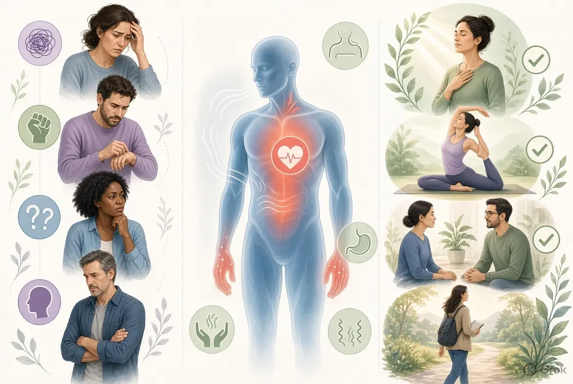 Illustration showing common anxiety symptoms in adults affecting mind and body